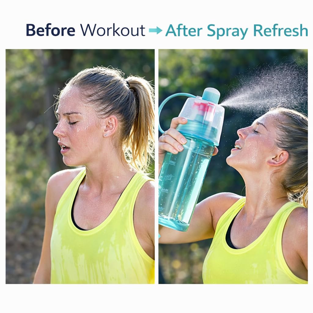 Spray Water Bottle for everyone, 2-in-1 Mist & Drink Sports Sipper Bottle with Straw, Leakproof BPA Free Plastic Cooling Spray Bottle for School, Gym, Cycling, Travel, Outdoor Summer Water Bottle