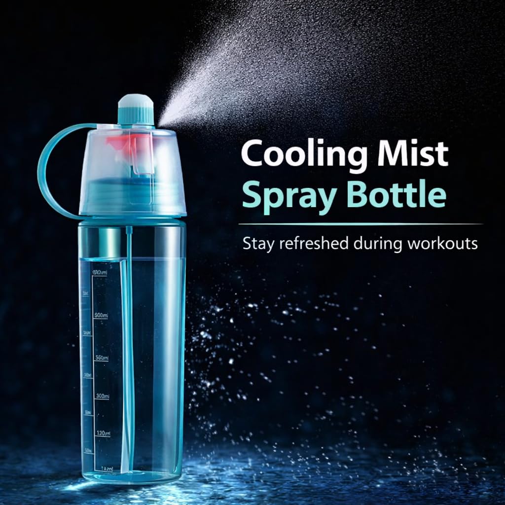 Spray Water Bottle for everyone, 2-in-1 Mist & Drink Sports Sipper Bottle with Straw, Leakproof BPA Free Plastic Cooling Spray Bottle for School, Gym, Cycling, Travel, Outdoor Summer Water Bottle