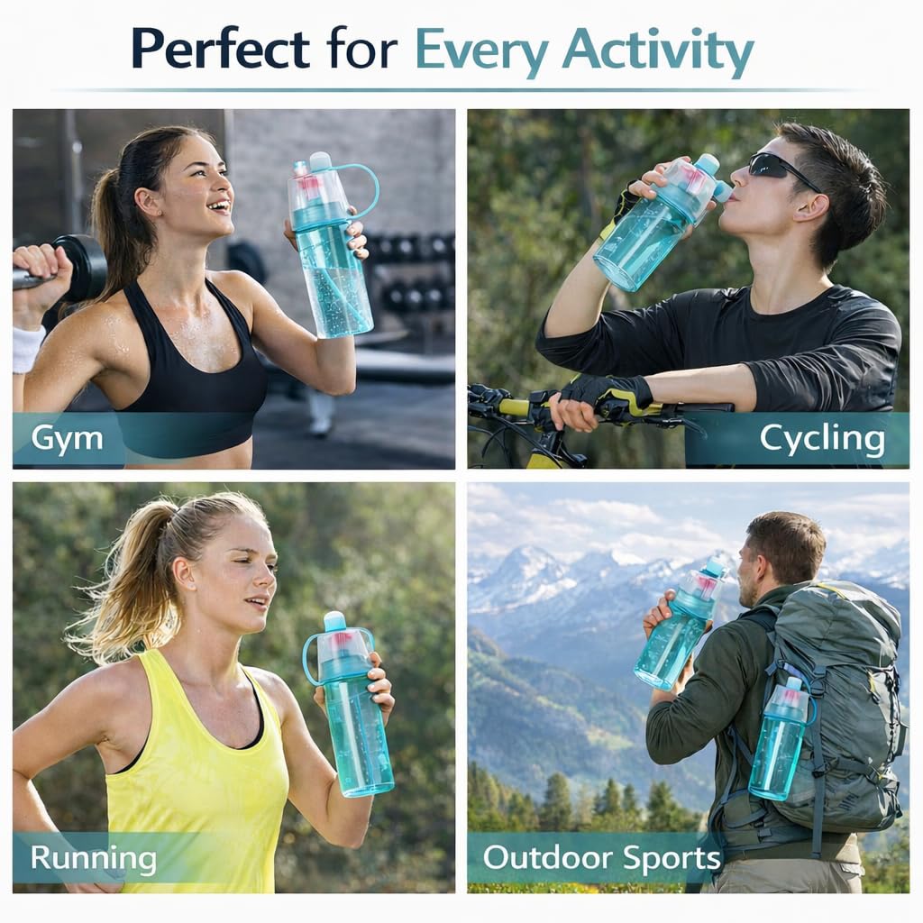 Spray Water Bottle for everyone, 2-in-1 Mist & Drink Sports Sipper Bottle with Straw, Leakproof BPA Free Plastic Cooling Spray Bottle for School, Gym, Cycling, Travel, Outdoor Summer Water Bottle