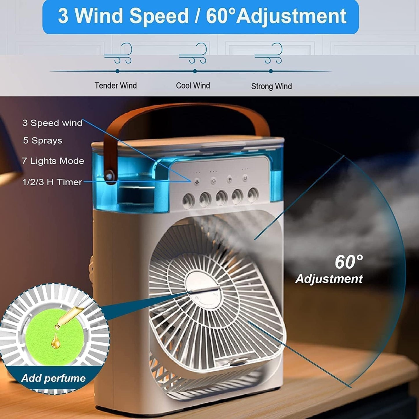 Portable Mini Cooler with Colorful LED Lights, 1/2/3 H Timer, 3 Wind Speeds and 3 Spray Modes for Office,Home,Desk,Travel.