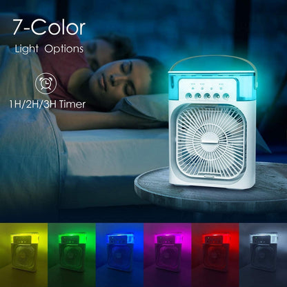Portable Mini Cooler with Colorful LED Lights, 1/2/3 H Timer, 3 Wind Speeds and 3 Spray Modes for Office,Home,Desk,Travel.