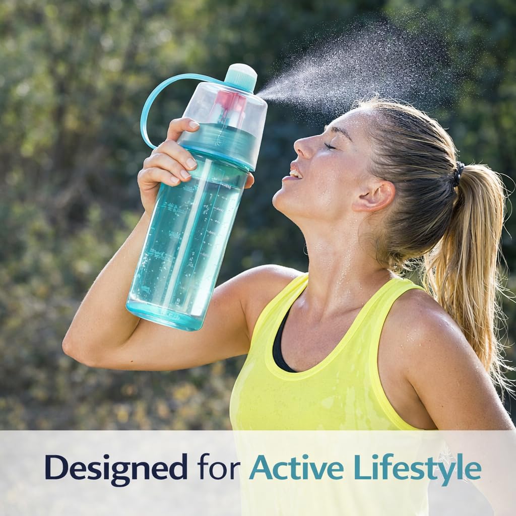 Spray Water Bottle for everyone, 2-in-1 Mist & Drink Sports Sipper Bottle with Straw, Leakproof BPA Free Plastic Cooling Spray Bottle for School, Gym, Cycling, Travel, Outdoor Summer Water Bottle
