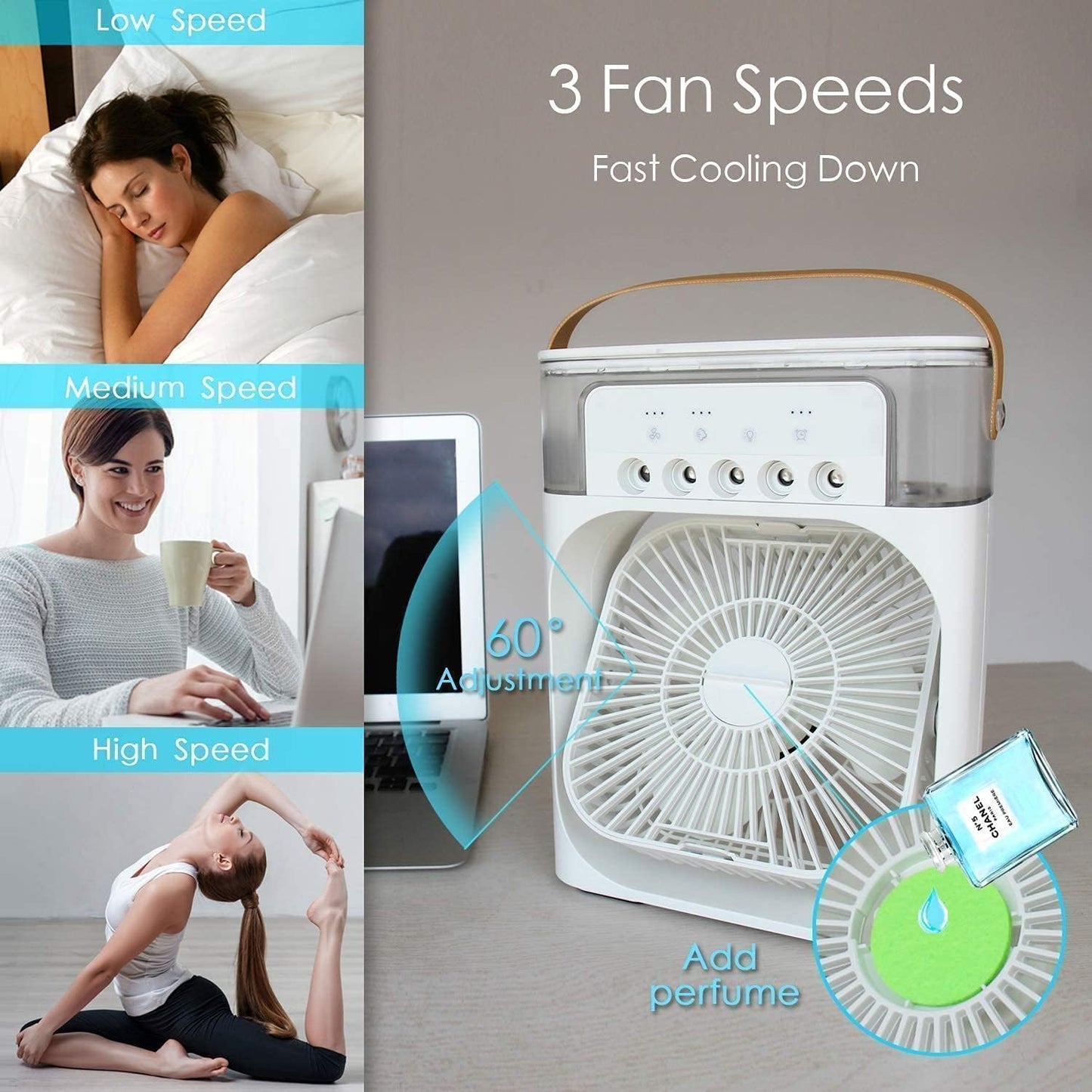 Portable Mini Cooler with Colorful LED Lights, 1/2/3 H Timer, 3 Wind Speeds and 3 Spray Modes for Office,Home,Desk,Travel.