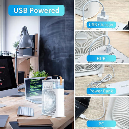 Portable Mini Cooler with Colorful LED Lights, 1/2/3 H Timer, 3 Wind Speeds and 3 Spray Modes for Office,Home,Desk,Travel.